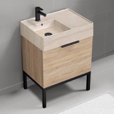 Modern Small Bathroom Vanity, 24 inch, Travertine Style Sink, Free Standing
